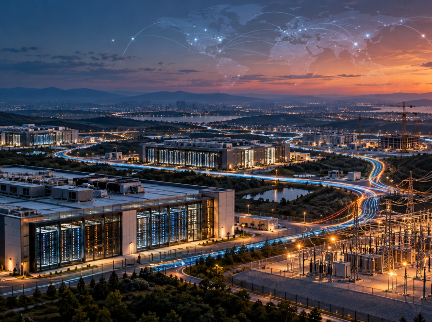 Campus de centros de datos y redes eléctricas que representan la competencia por infraestructura de inteligencia artificial.