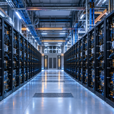 Interior de un centro de datos de inteligencia artificial con racks, servidores y refrigeración líquida.