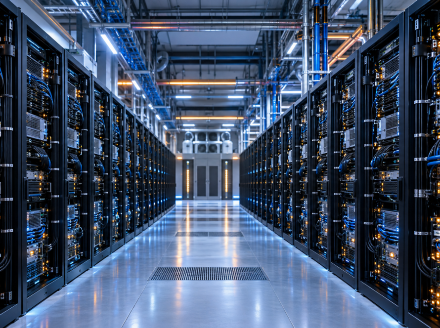 Interior de un centro de datos de inteligencia artificial con racks, servidores y refrigeración líquida.