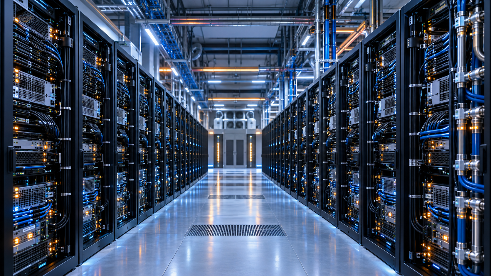 Interior de un centro de datos de inteligencia artificial con racks, servidores y refrigeración líquida.