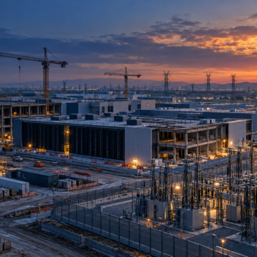 Campus de centro de datos en construcción junto a una subestación eléctrica al atardecer.