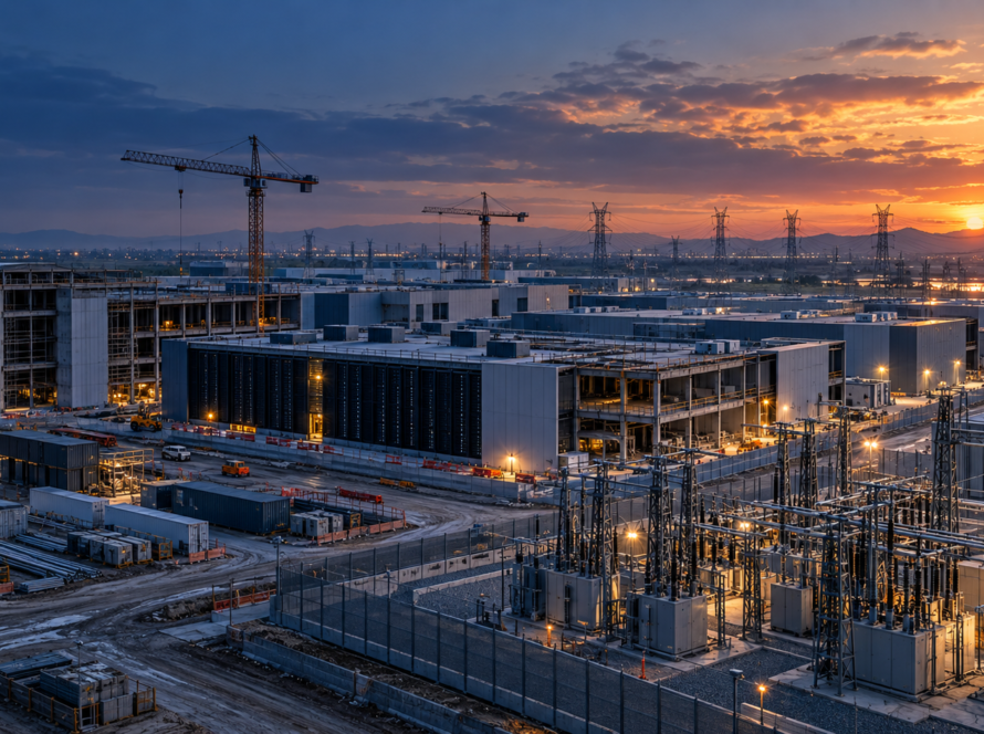 Campus de centro de datos en construcción junto a una subestación eléctrica al atardecer.