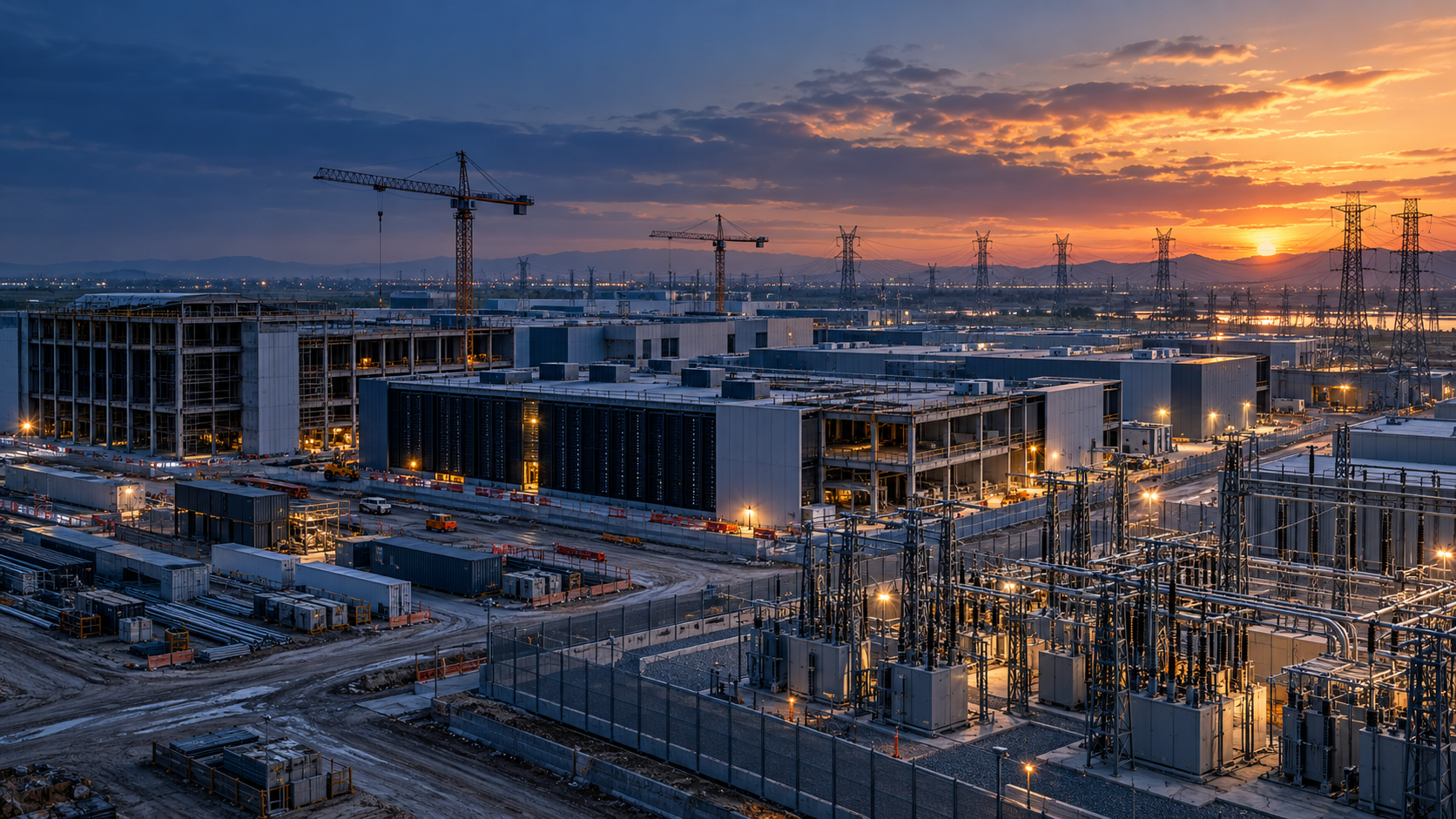 Campus de centro de datos en construcción junto a una subestación eléctrica al atardecer.