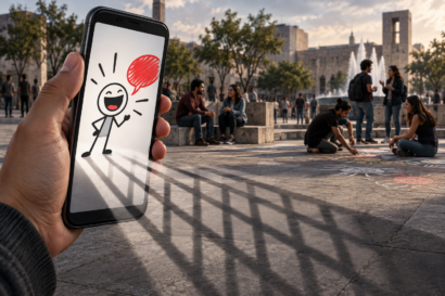 Teléfono con una viñeta abstracta que proyecta una sombra de barrotes sobre una plaza pública.