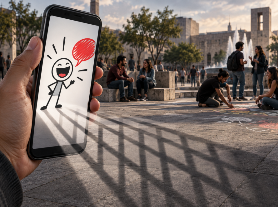 Teléfono con una viñeta abstracta que proyecta una sombra de barrotes sobre una plaza pública.
