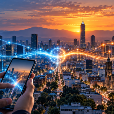 Ciudad mexicana conectada por torres celulares y fibra óptica que convergen en un mismo nodo.