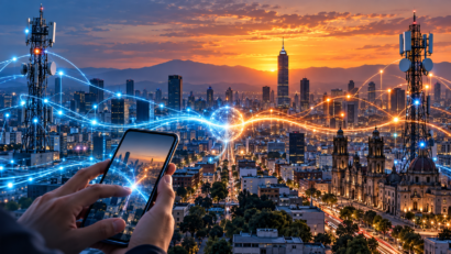Ciudad mexicana conectada por torres celulares y fibra óptica que convergen en un mismo nodo.
