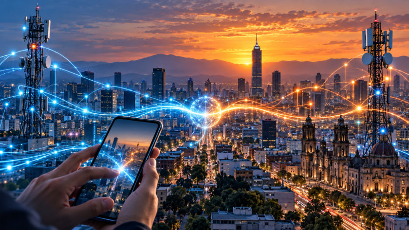 Ciudad mexicana conectada por torres celulares y fibra óptica que convergen en un mismo nodo.
