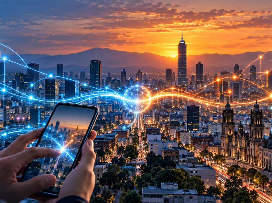 Ciudad mexicana conectada por torres celulares y fibra óptica que convergen en un mismo nodo.